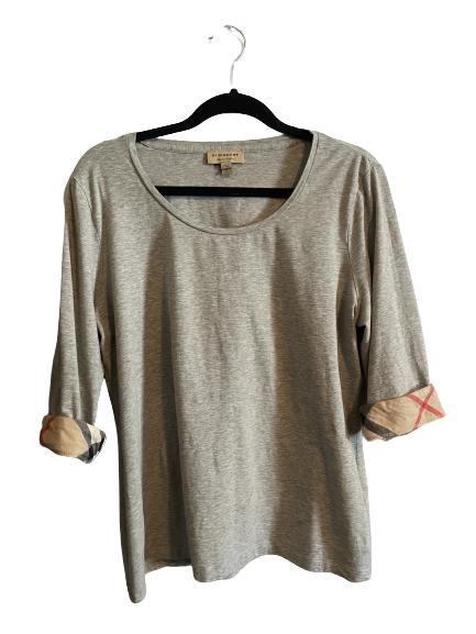 Burberry Brit 3/4-Sleeve Check-Cuff Scoop Tee featuring cotton, scoop neck, 3/4 sleeve. COLOUR: Grey.