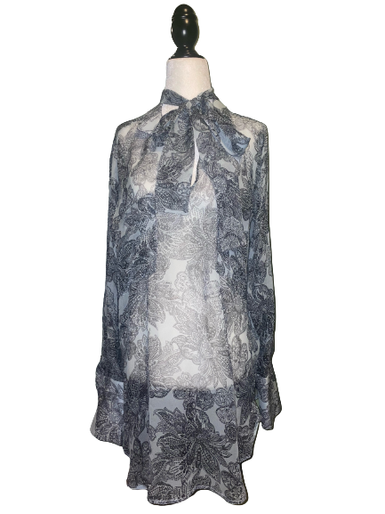 Belstaff Tie-Neck Bandana-Print Blouse featuring silk, collar ties in bow at front, v-neckline when untied, yoked back with centre pleat, long fitted silhouette, round hem. COLOUR: Multi.